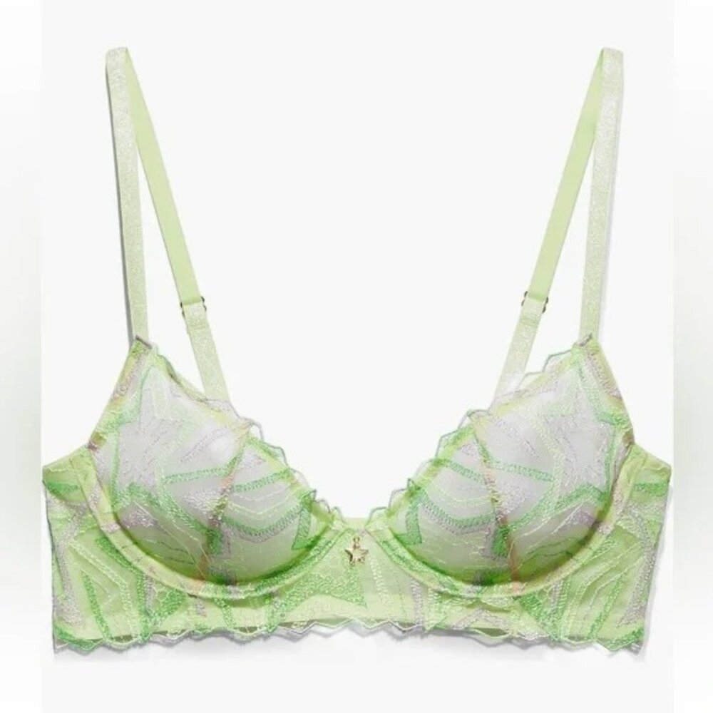 Savage X Fenty Lime Green Star Mesh Bra 32D Sheer Plunge - Picture 13 of 13